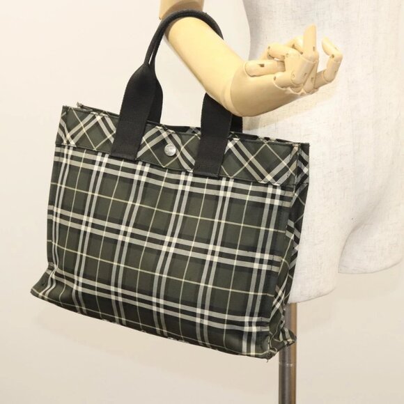 Burberrys Nova Check Blue Label Hand Bag Nylon Khaki Silver Auth hs1707 - Picture 15 of 16